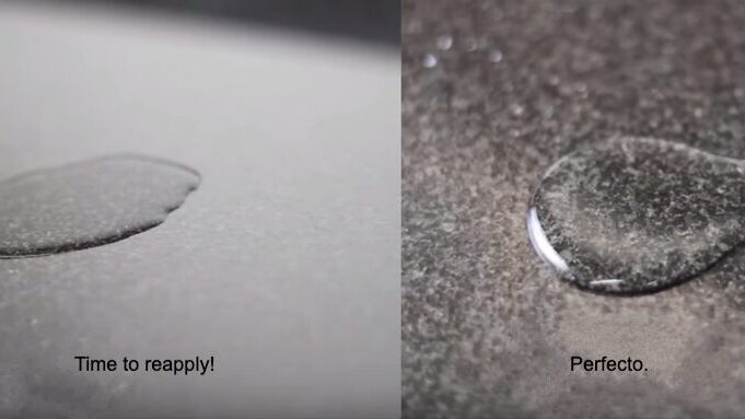 Side‑by‑side water‑drop test: left shows a flat droplet on unsealed stone (“Time to reapply!”) and right shows a beaded droplet on sealed stone (“Perfecto.”).